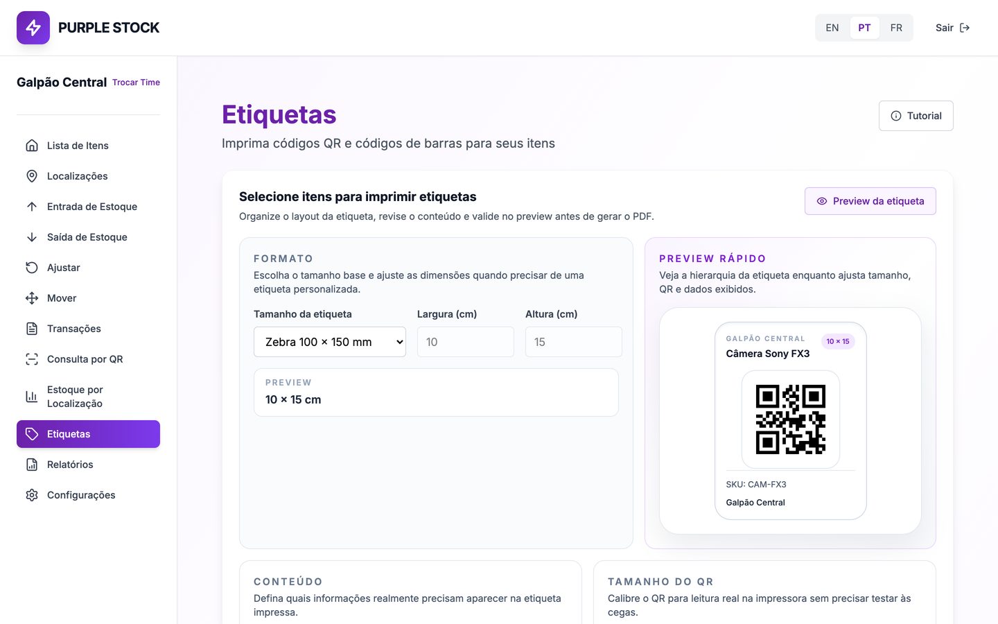 Tela de etiquetas do Purple Stock com preview do QR da câmera Sony FX3.