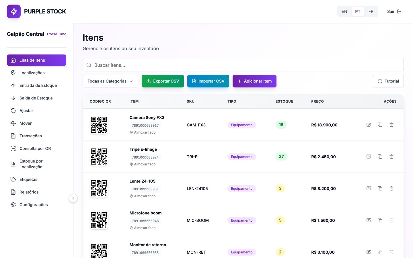 Lista de itens no Purple Stock: câmera Sony FX3, tripé, lente e microfone, cada um com QR.