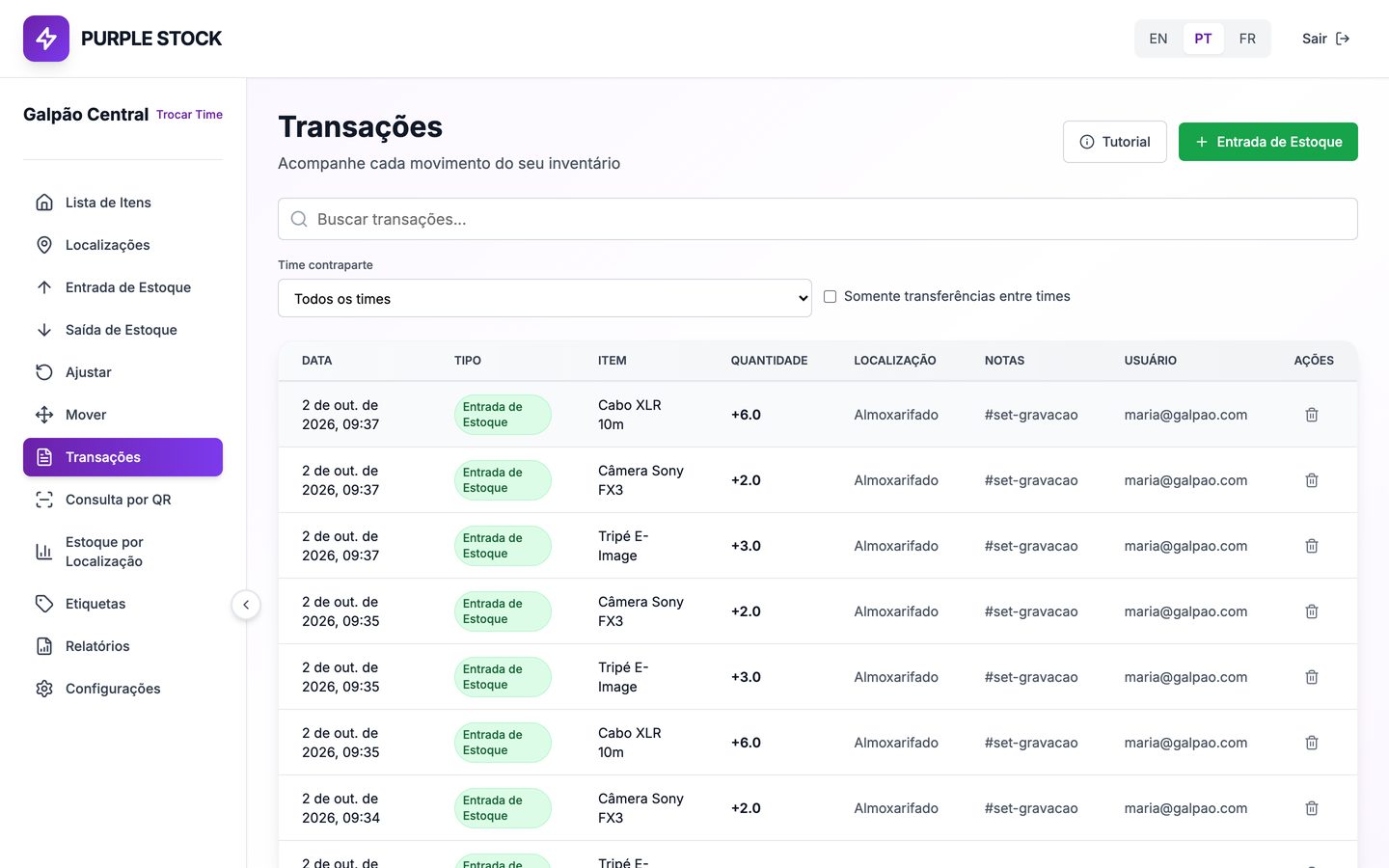 Histórico de transações no Purple Stock com câmera, tripé e cabo, usuário e nota do set.